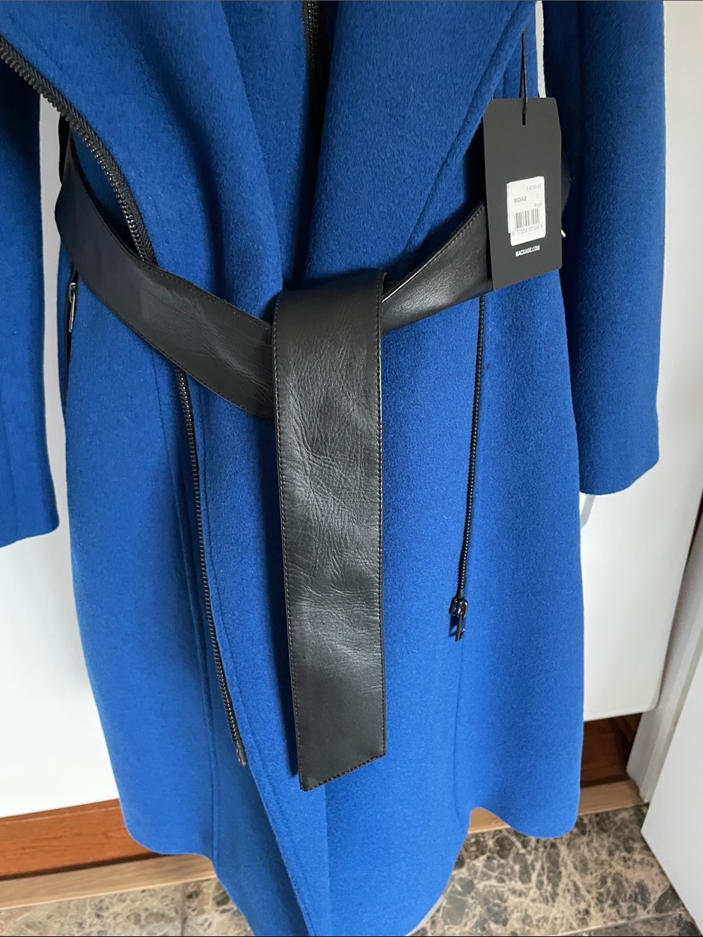 Mackage Cobalt Blue Trench Coat with Black Leather Tie Belt NWT S - Picture 5 of 13